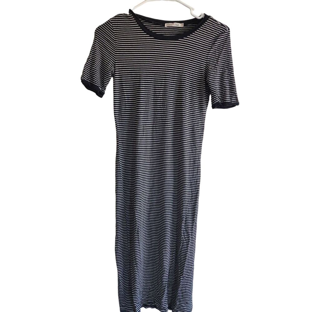 Heart & Hips Womens Sz M Midi T shirt dress Black White Striped